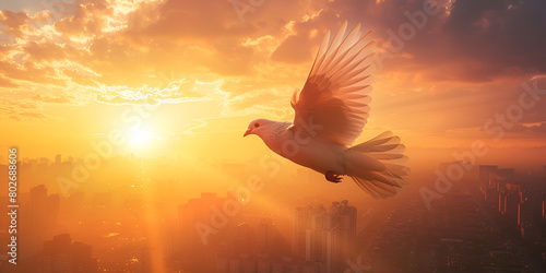 Flying Dove on beautiful sunset sky clouds background Bird of prey Beautiful Sunset with Clouds and a Bird in the Background Dove Soaring into the Sunset Tranquil Sky and Cloudscape  photo