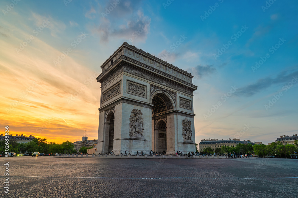 Paris France, city skyline sunset at Arc de Triomphe and Champs Elysees