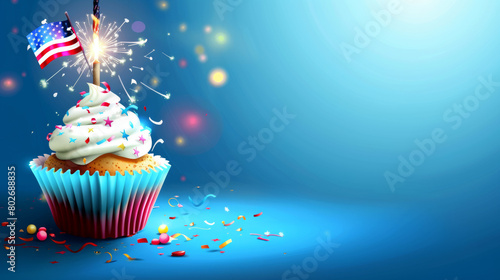 Patriotic cupcake with American flag and sparkler on blue background