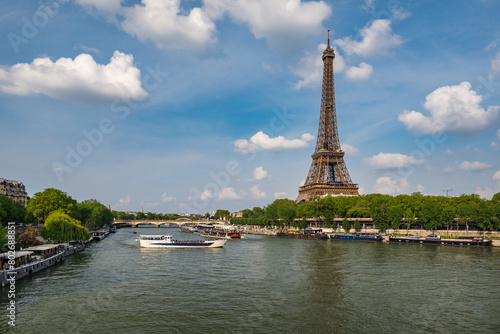 Paris France  city skyline at Eiffel Tower and Seine River