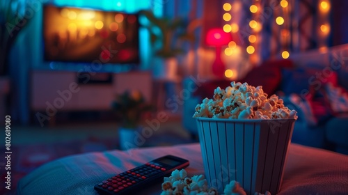 Home Cinema A bucket of popcorn and TV remote, inviting viewers to enjoy a cozy movie night at home photo