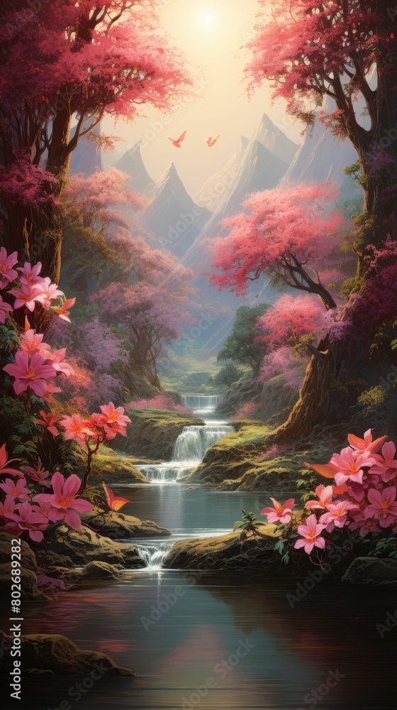 Blossom oasis, serene jungle mural, fantasy dreams