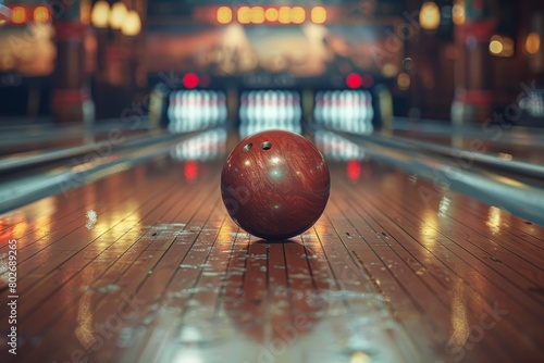 A bowling ball rolling towards the pins. 