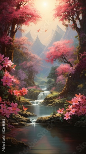 Blossom oasis, serene jungle mural, fantasy dreams © Seksan