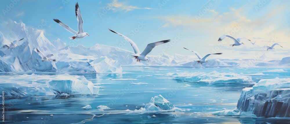 Naklejka premium Arctic terns soaring, frozen lakeshore, icy winds