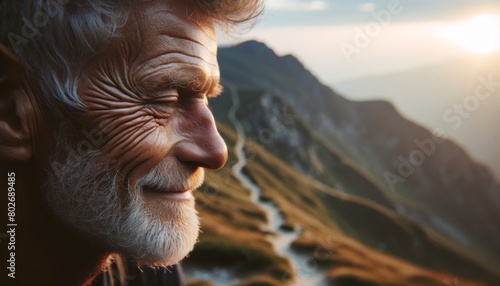 A close-up of a weathered, but content face of a senior hiker, with a blurred mountain trail in the background. photo