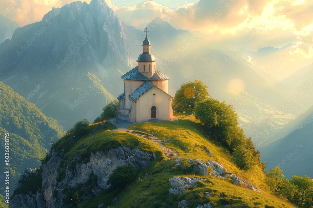A church dome in the early morning sunlight on a mountain ridge, representing the concept of faith and hope. faith in God and overcoming life's difficulties
