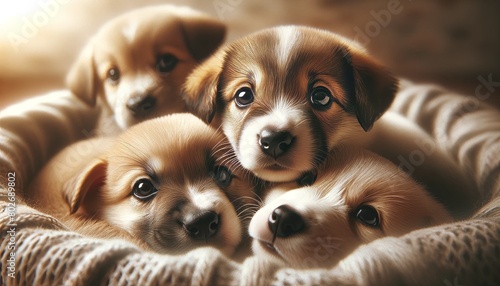 Several puppies snuggled up together, with one puppy’s curious eyes gazing into the camera.