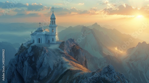 A church dome in the early morning sunlight on a mountain ridge, representing the concept of faith and hope. faith in God and overcoming life's difficulties
 photo