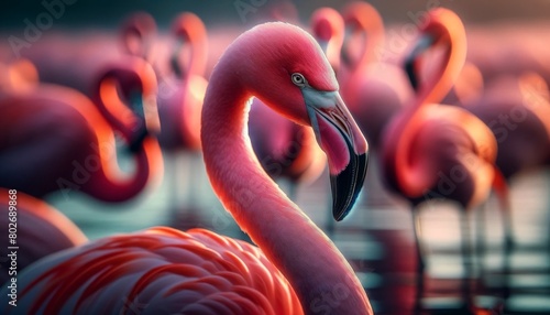 A flock of flamingos with one in the foreground, its head tilted as if to pose for the camera. photo