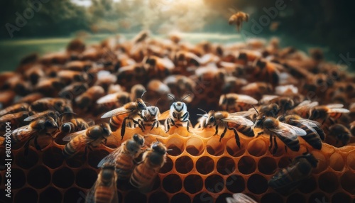 A cluster of bees gathered on a honeycomb, with one bee facing the lens, creating an intimate feel. photo