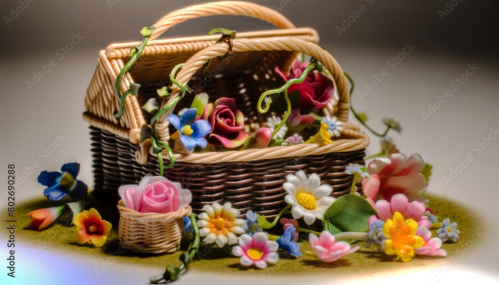 A detailed image of a miniature picnic basket, open and spilling out flowers. A detailed image of a miniature picnic basket, open and spilling out flowers.