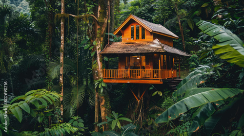 wooden house hanging on a tree and nestled in the middle of a tropical forest © Sattawat