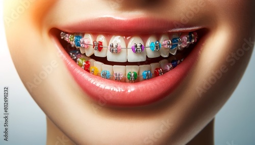A macro shot of a patient's mouth showing multicolored braces on teeth.