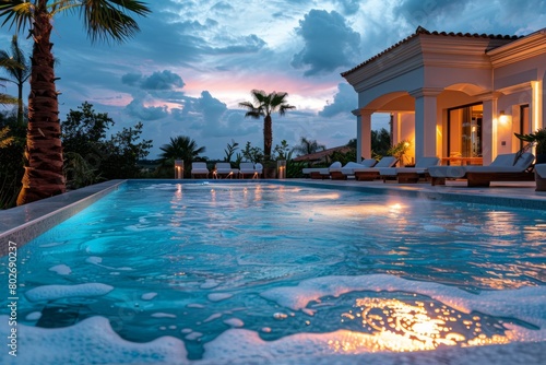 A large luxurious pool with lights and foam in the evening. Preparing for a foam pool party.