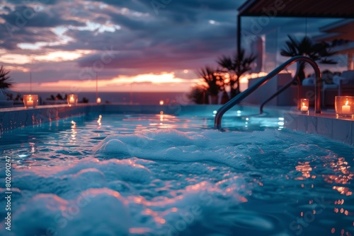 A large luxurious pool with lights and foam in the evening. Preparing for a foam pool party.