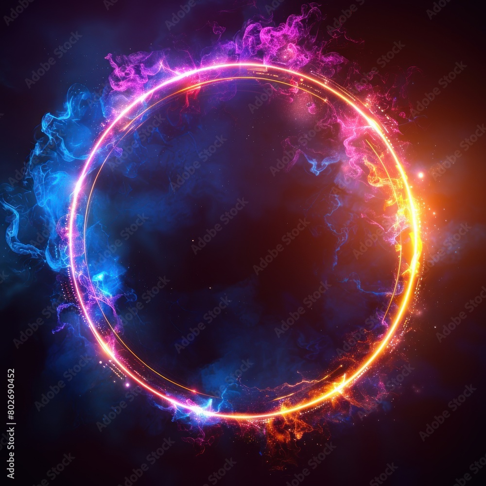 Obraz premium Abstract neon circles glowing fiery dark background, with vibrant digital colors and striking energy dominant concept of abstract, technology, art.