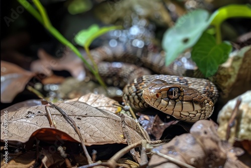 snake in the river close-up. Viper and eel season concept photo