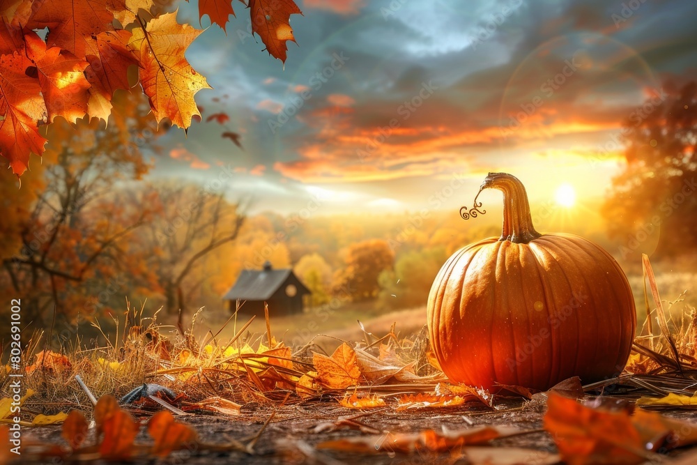 A nice photo of a pumpkin against the backdrop of a farm, a warm autumn picture. Halloween concept A nice photo of a pumpkin against the backdrop of a farm, a warm autumn picture. Halloween concept