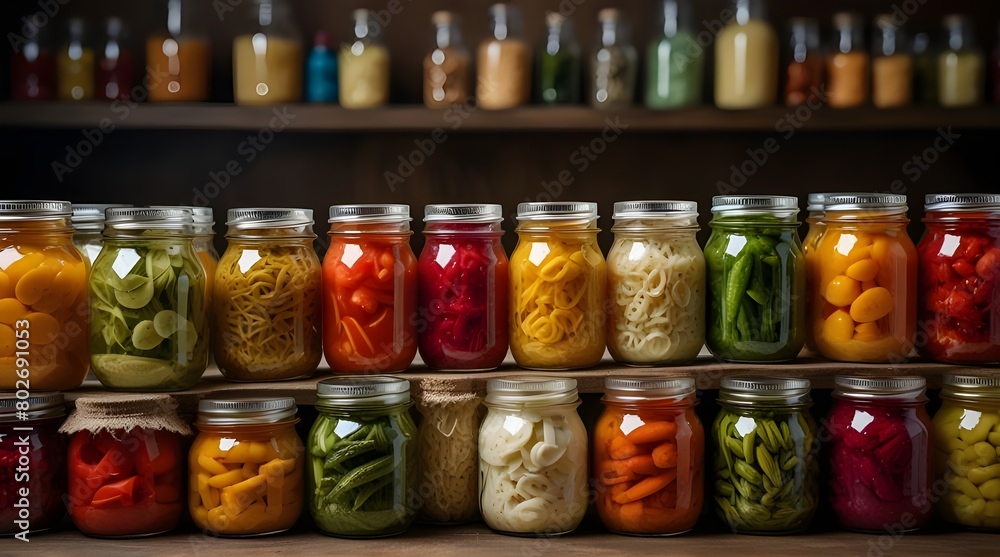 A vibrant collection of assorted fermented foods displayed in clear glass jars.generative.ai A vibrant collection of assorted fermented foods displayed in clear glass jars.generative.ai