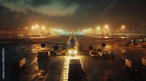 the final steps of landing the cargo plane and unloading cargo against natural airport scenery, with runway lights illuminating the scene