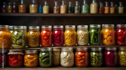 A vibrant collection of assorted fermented foods displayed in clear glass jars.generative.ai