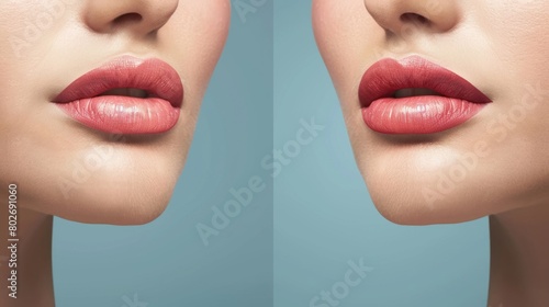 Woman's lips before and after lip filler injections, lip augmentation concept - cosmetic procedure transformation, beauty enhancement - vector illustration photo