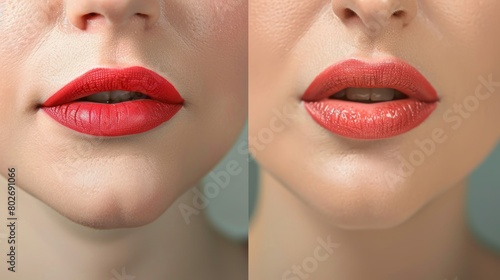 Woman's lips before and after lip filler injections, lip augmentation concept - cosmetic procedure transformation, beauty enhancement - vector illustration photo