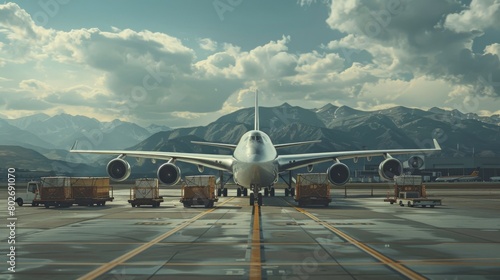 the cargo plane's smooth landing and the subsequent unloading of cargo onto airport tarmac, with ground crew and equipment against the natural scenery of the destination airport photo