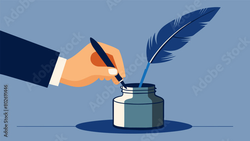 A hand holding a quill pen carefully dipping it into a jar of dark ink preparing to add their signature to the founding document of a new nation.. Vector illustration