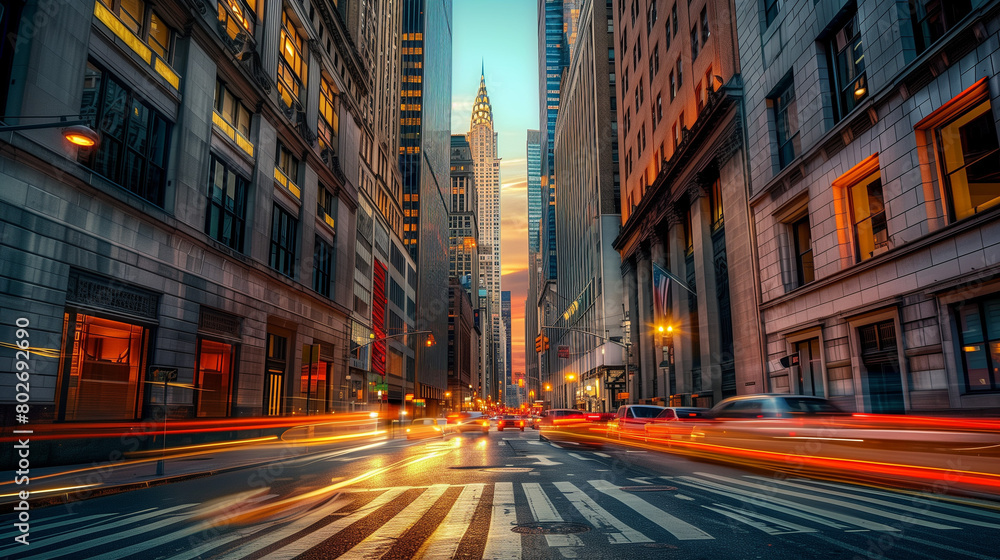Fototapeta premium Financial District of Major City at Dawn, Long Exposure, High Dynamic Range, Stunning Cityscape with Skyscrapers and Vibrant Sunrise