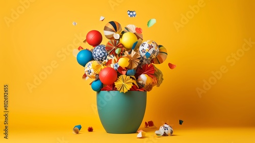 A colorful arrangement of various paper balls scattered around a bin each crafted for tossing showcased on a solid yellow background to enhance the playful and casual theme