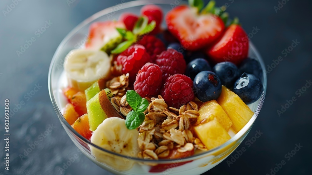 A bowl of fresh fruit and yogurt parfait, representing a nutritious and energizing start to the day A bowl of fresh fruit and yogurt parfait, representing a nutritious and energizing start to the day
