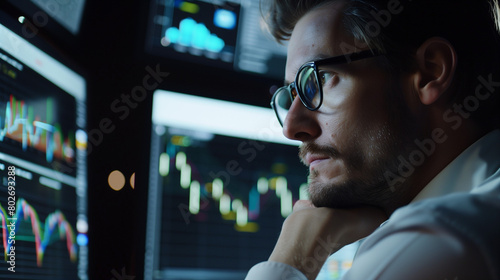 Financial Analyst Reviewing Upward Trending Graphs on Multiple Screens, Highlighting Market Growth and Analyst's Focused Expression