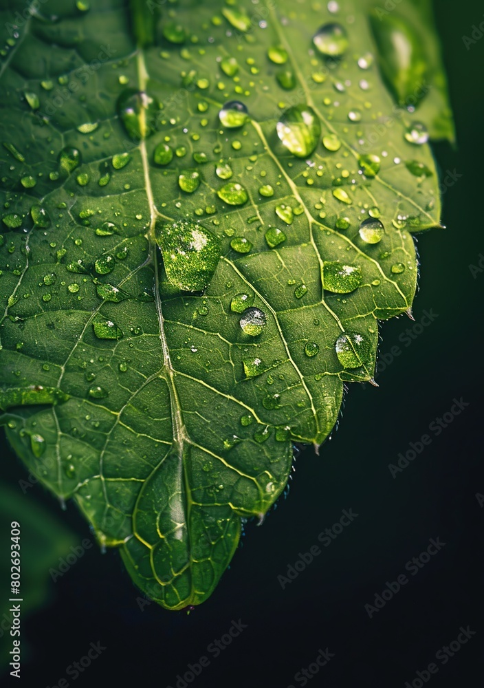 Fototapeta premium Water drops on green leaf. Nature background. Shallow depth of field