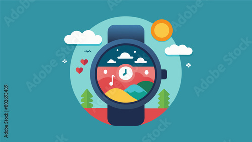 An interactive watch face that displays calming images and plays soothing music when an individuals heart rate and stress levels are high.. Vector illustration