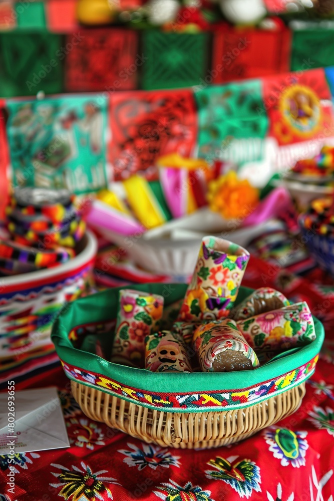 Basket of colorful candy for sale in a mexican market. Cinco de mayo.