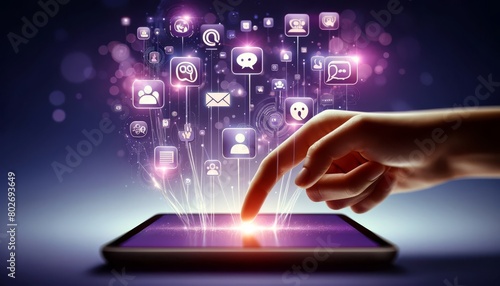 A series of digital icons representing different communication tools like chat, video calls, and email floating above a tablet screen with a hand.