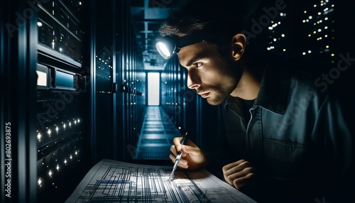 A technician with a headlamp in a dim server room, carefully following a complex wiring blueprint to troubleshoot a connection issue. photo