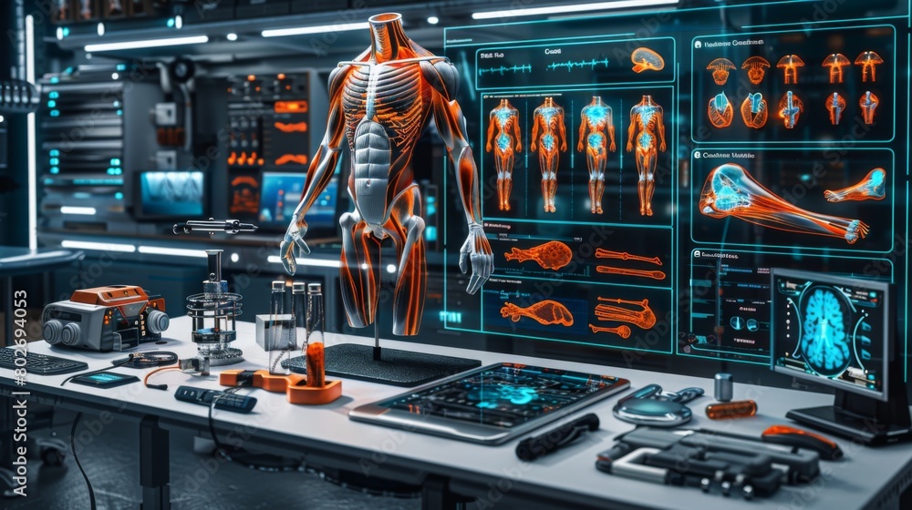 A visually stunning 3D rendering image showing various methods for assessing muscle function, including strength testing, electromyography (EMG), and muscle imaging techniques