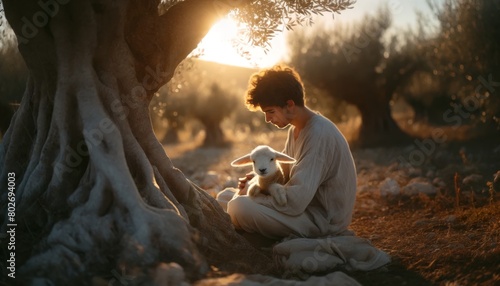 A serene portrait of a person sitting in an ancient olive grove, tenderly holding a small lamb in the crook of their arm, as the golden light of sunse.