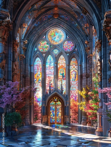 The AI-generated photo is of a Gothic cathedral. The interior of the cathedral is full of stained glass windows  and looks very beautiful and peaceful.