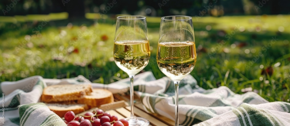 Two glasses of white wine, picnic-inspired.