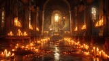 The dark church is filled with candles, creating a mysterious and atmosphere.
