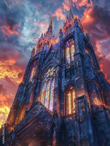 The dark castle stands tall and ominous against the backdrop of a fiery sky