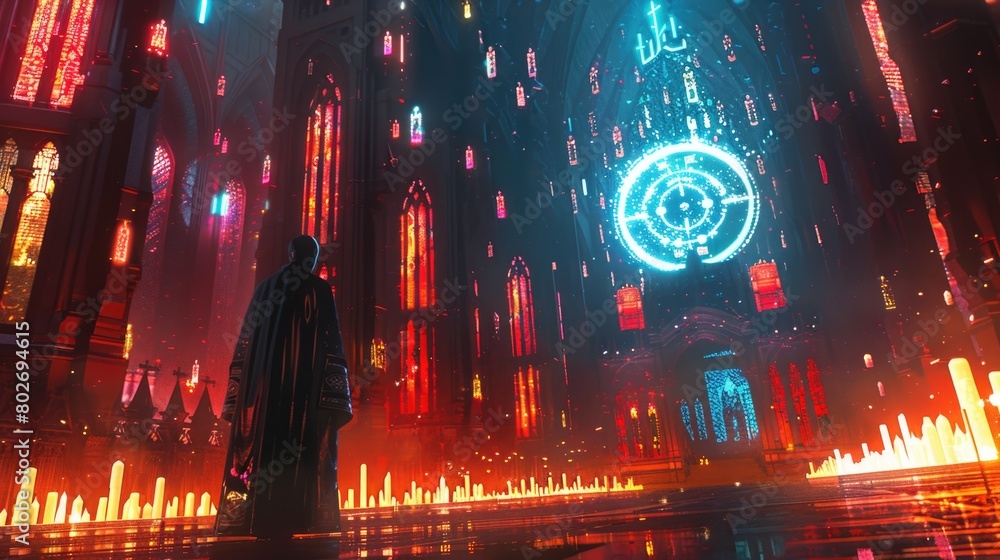 The image is a dark and mysterious temple. The floor is covered in lava ...