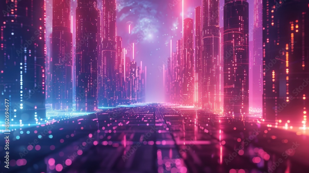 The image is a digital painting of a city at night