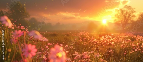 Sunrise over a meadow in full bloom during the summer.