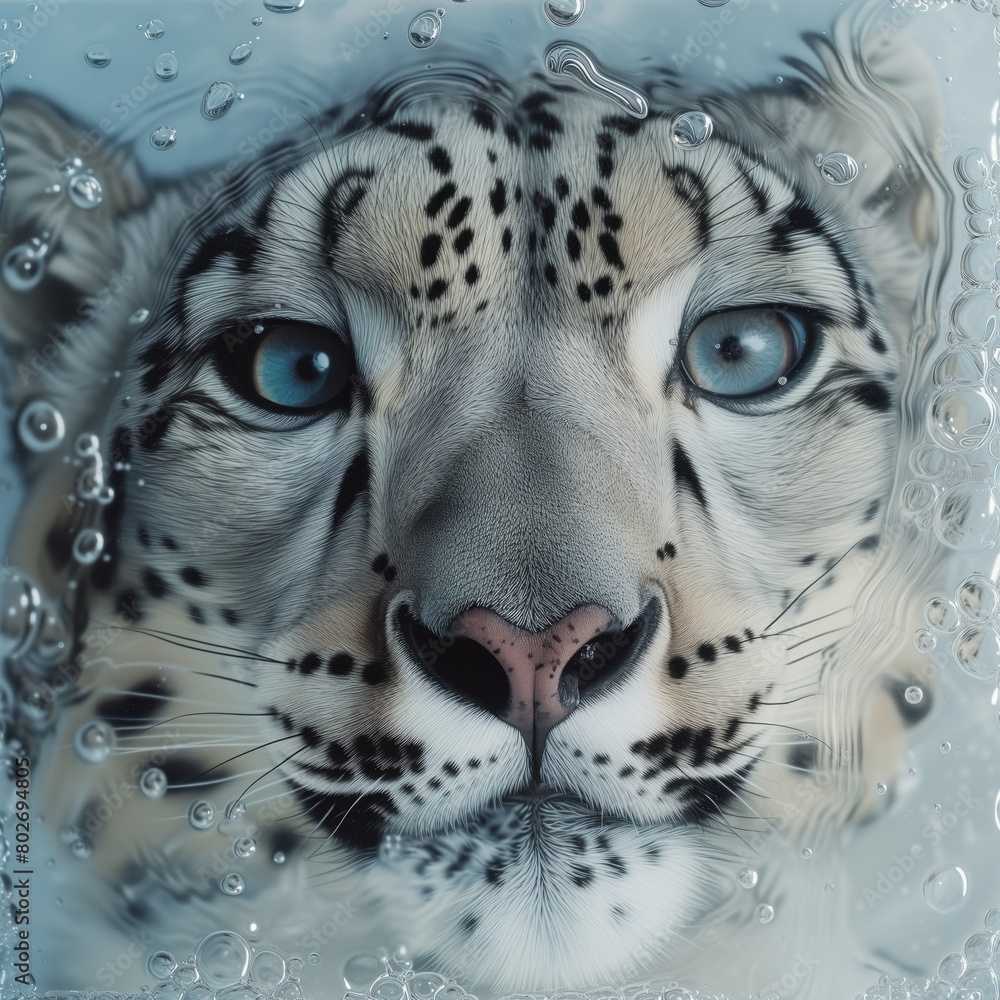 snow leopard taking a bath