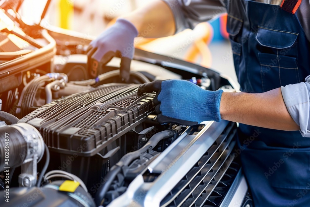 Technician is inspecting engine system, car radiator and engine cooling system. Technician is inspecting engine system, car radiator and engine cooling system.